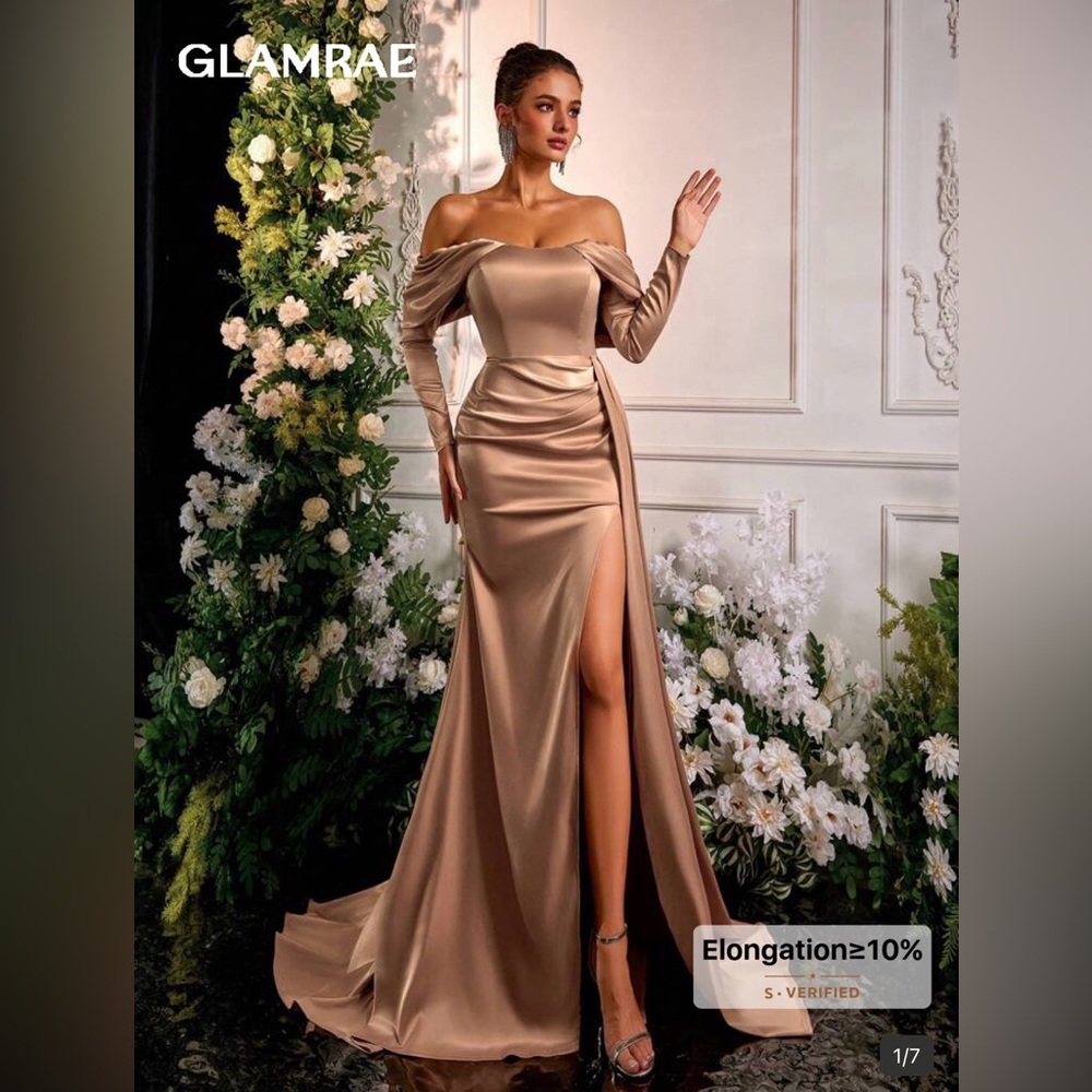 Satin Rose Gold Evening Gown with Draped Sleeve